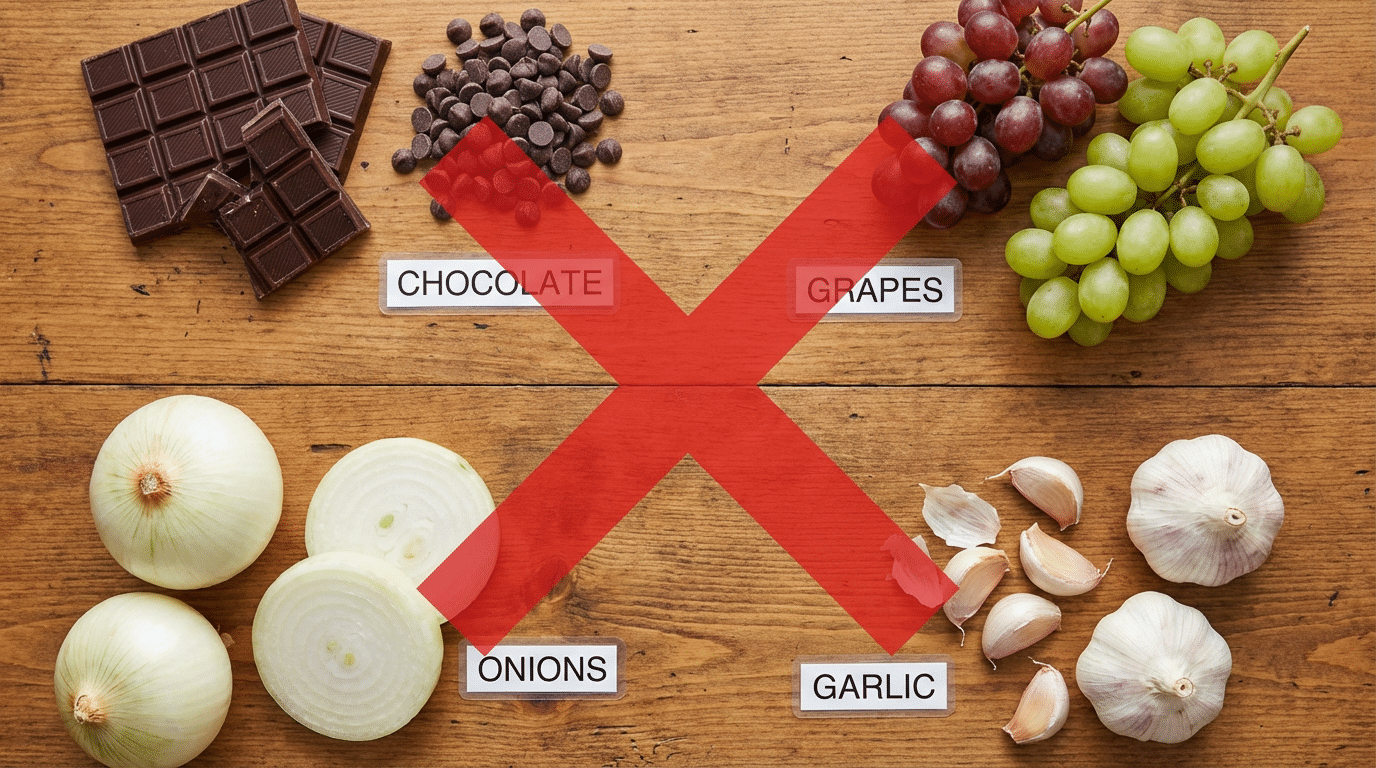 Toxic foods for dogs including grapes, chocolate, onions